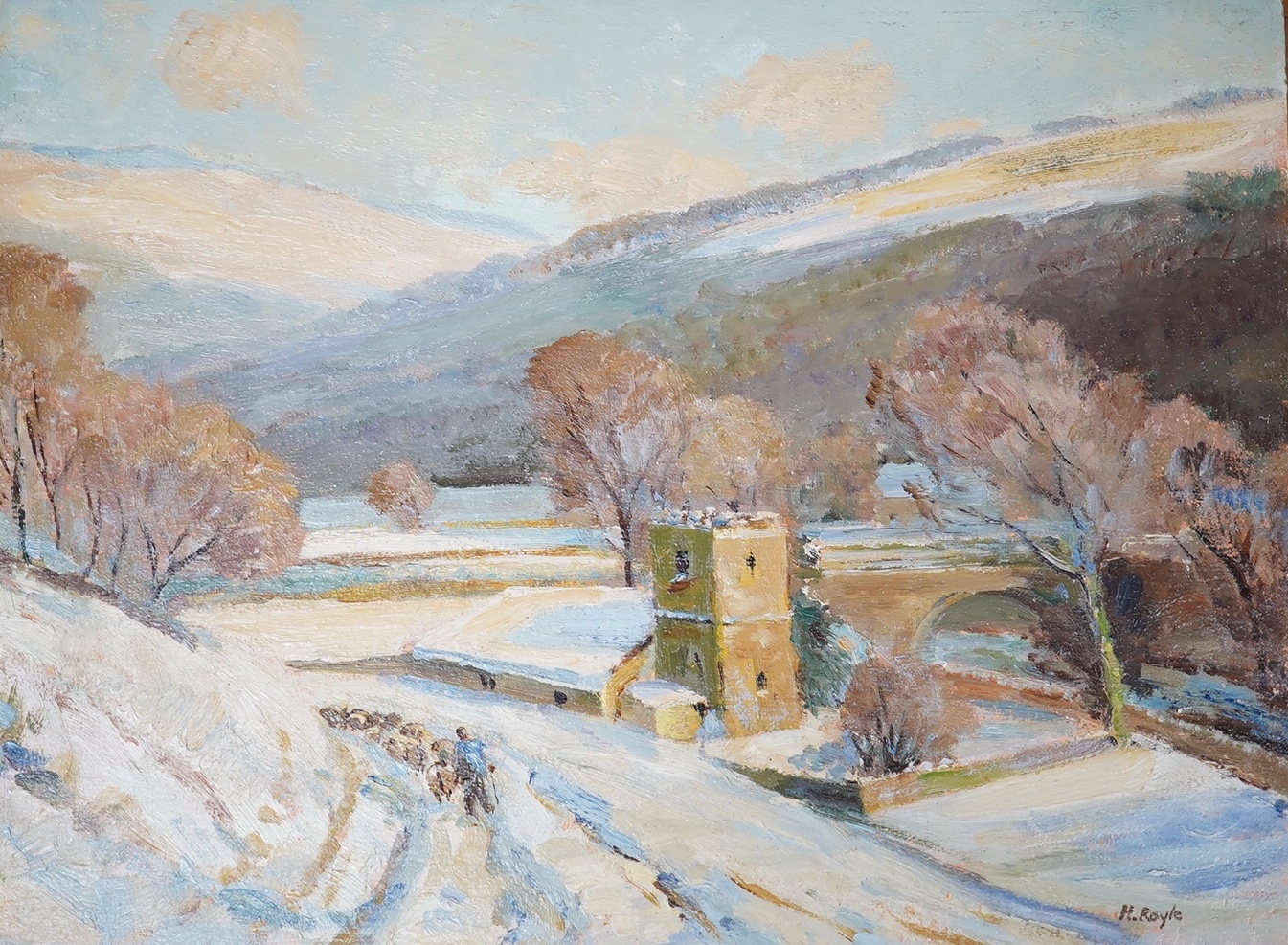 Circle of Herbert F. Royle (1870–1958), oil on board, 'Passing the Chapel', signed, unframed, 30 x 40cm. Condition - fair to good